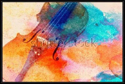 Картина Скрипка на фоне разноцветных акварельных пятен и брызг