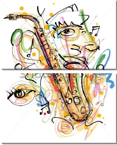 Модульная картина Яркая композиция с саксофоном из различных каракулей, пятен, музыкальных знаков - любитель джаза