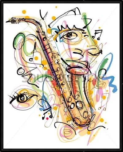Картина Яркая композиция с саксофоном из различных каракулей, пятен, музыкальных знаков - любитель джаза