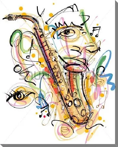 Постер Яркая композиция с саксофоном из различных каракулей, пятен, музыкальных знаков - любитель джаза