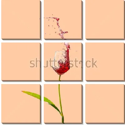 Модульная картина Лаконичный коллаж с цветком в виде бокала вина на коралловом фоне