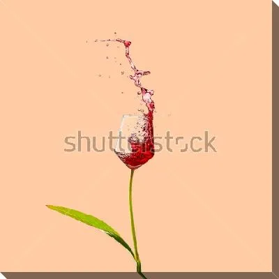 Постер Лаконичный коллаж с цветком в виде бокала вина на коралловом фоне