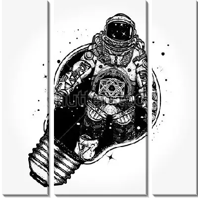 Модульная картина Коллаж с космонавтом, выходящим из лампочки в виде космического корабля