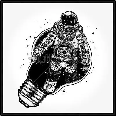 Картина Коллаж с космонавтом, выходящим из лампочки в виде космического корабля