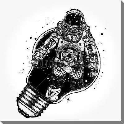 Постер Коллаж с космонавтом, выходящим из лампочки в виде космического корабля