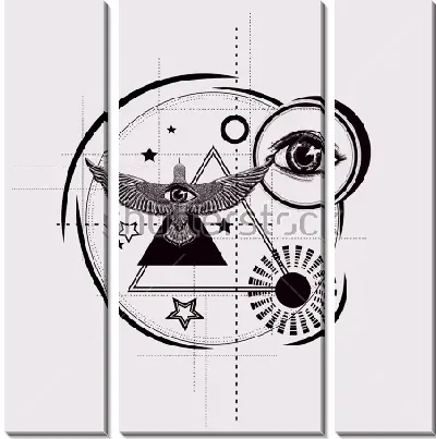 Модульная картина Коллаж с масонскими символами, треугольниками, кругами, звёздами и всевидящим оком