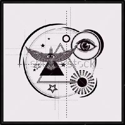 Коллаж с масонскими символами, треугольниками, кругами, звёздами и всевидящим оком