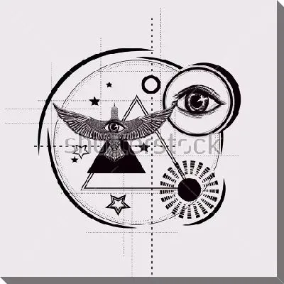 Коллаж с масонскими символами, треугольниками, кругами, звёздами и всевидящим оком