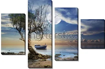 Загадочный пейзаж с одиноким деревом и лодочкой на море