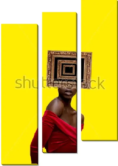 Модульная картина Яркий коллаж с темнокожей девушкой в красном платье и картинной рамой вместо головы на жёлтом фоне