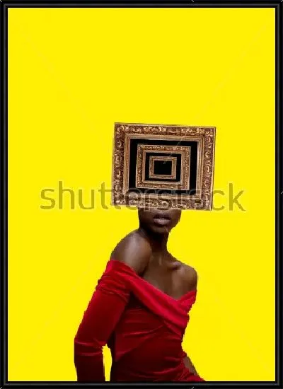 Картина Яркий коллаж с темнокожей девушкой в красном платье и картинной рамой вместо головы на жёлтом фоне