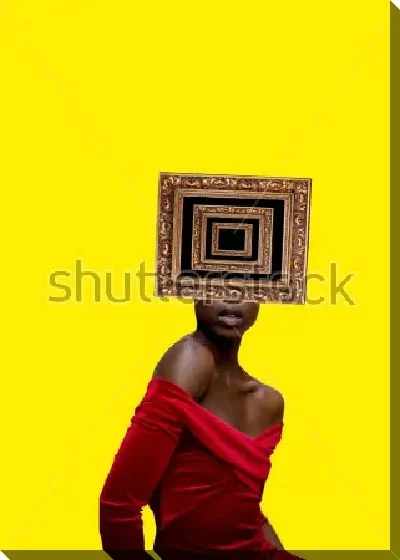 Постер Яркий коллаж с темнокожей девушкой в красном платье и картинной рамой вместо головы на жёлтом фоне