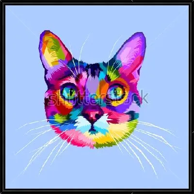 Картина Разноцветная голова кота на голубом фоне в стиле поп-арт
