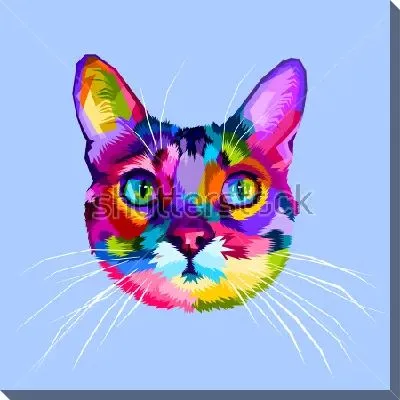 Постер Разноцветная голова кота на голубом фоне в стиле поп-арт