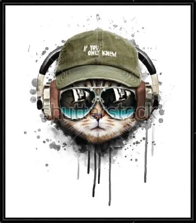 Модный современный кот в тёмных очках, кепке и наушниках на фоне потёков акварельной краски