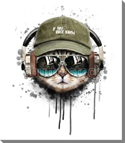 Модный современный кот в тёмных очках, кепке и наушниках на фоне потёков акварельной краски