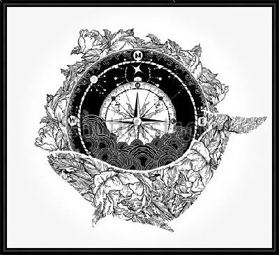 Картина Коллаж на тему морских путешествий и приключений с компасом и китом в обрамлении цветов