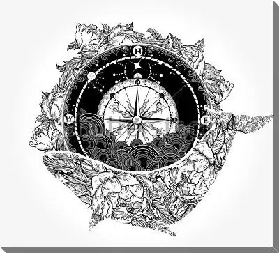 Коллаж на тему морских путешествий и приключений с компасом и китом в обрамлении цветов