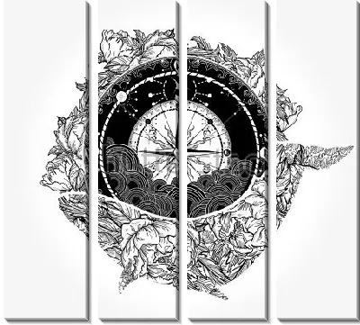 Коллаж на тему морских путешествий и приключений с компасом и китом в обрамлении цветов