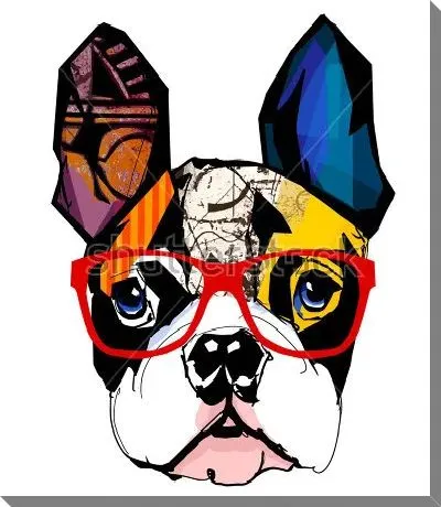 Яркий коллаж с разноцветной головой французского бульдога в солнцезащитных очках