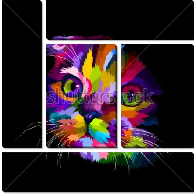 Разноцветная мордочка симпатичного котёнка на чёрном фоне в стиле-поп-арт