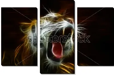 Модульная картина Светящийся тигр на чёрном фоне