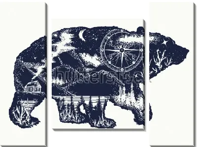 Модульная картина Коллаж с компасом, красивым горным пейзажем, лесом и домиком внутри фигуры бурого медведя