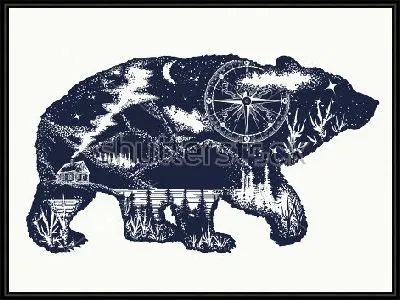 Коллаж с компасом, красивым горным пейзажем, лесом и домиком внутри фигуры бурого медведя