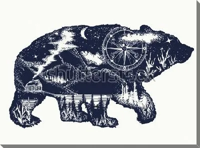 Постер Коллаж с компасом, красивым горным пейзажем, лесом и домиком внутри фигуры бурого медведя