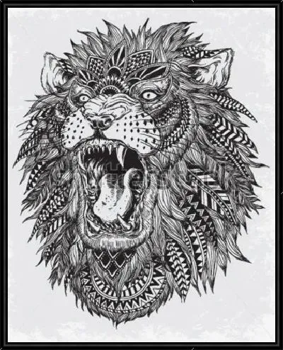Картина Чёрно-белая иллюстрация головы свирепого льва с декоративными перьями и этническими элементами