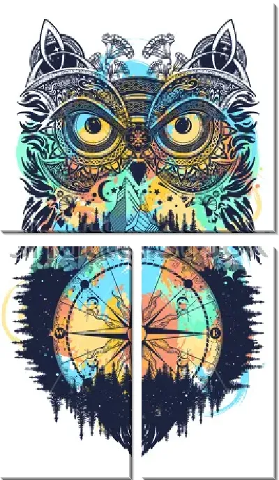 Модульная картина Яркий коллаж с компасом среди густого хвойного леса и головой совы 