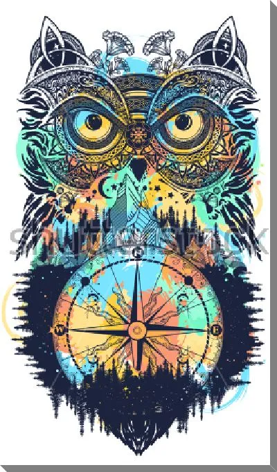 Постер Яркий коллаж с компасом среди густого хвойного леса и головой совы 