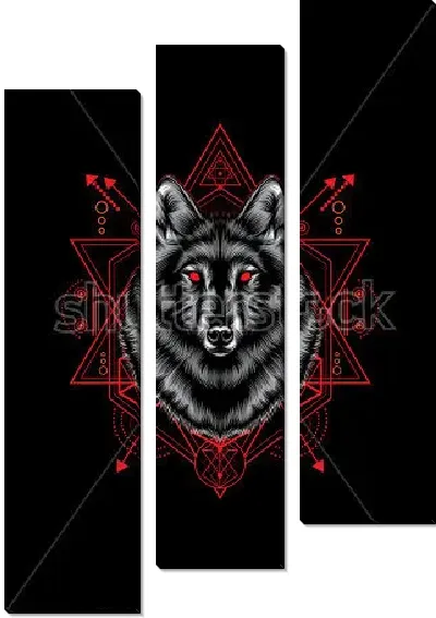 Модульная картина Геометрический коллаж с головой чёрного волка с красными глазами и композиции из геометрических фигур на чёрном фоне