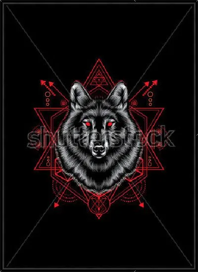 Картина Геометрический коллаж с головой чёрного волка с красными глазами и композиции из геометрических фигур на чёрном фоне