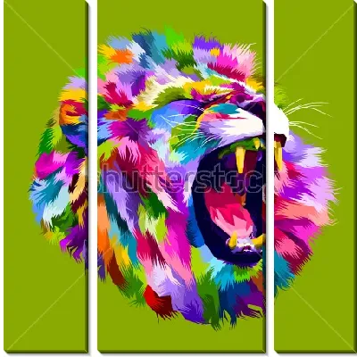 Модульная картина Разноцветная голова рычащего льва на зелёном фоне в стиле поп-арт