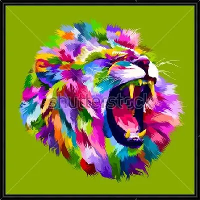 Картина Разноцветная голова рычащего льва на зелёном фоне в стиле поп-арт