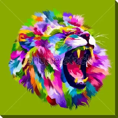Картина маслом Разноцветная голова рычащего льва на зелёном фоне в стиле поп-арт
