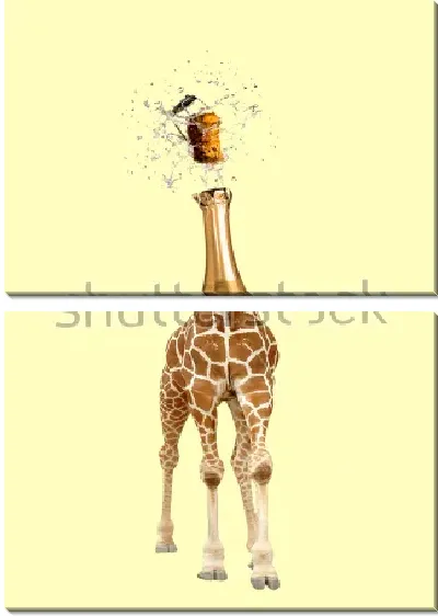 Модульная картина Забавный коллаж с жирафом в образе бутылки шампанского с вылетевшей пробкой