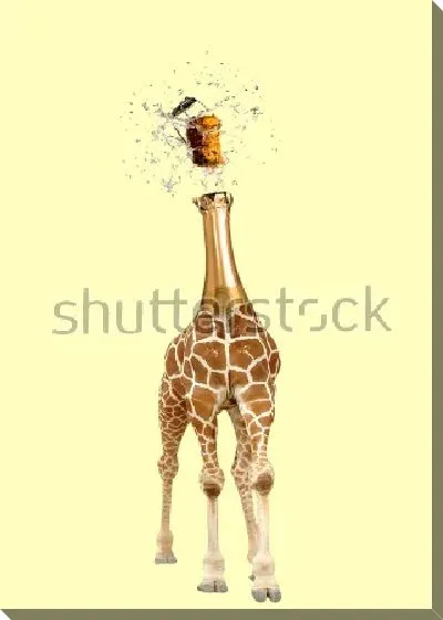 Постер Забавный коллаж с жирафом в образе бутылки шампанского с вылетевшей пробкой