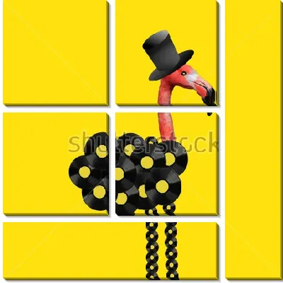 Модульная картина Яркий коллаж с головой розового фламинго в сочетании с чёрным цилиндром и кольцами на жёлтом фоне