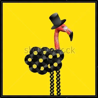 Картина Яркий коллаж с головой розового фламинго в сочетании с чёрным цилиндром и кольцами на жёлтом фоне