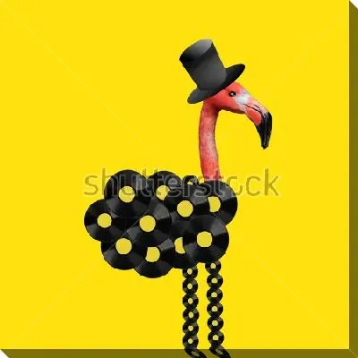 Постер Яркий коллаж с головой розового фламинго в сочетании с чёрным цилиндром и кольцами на жёлтом фоне