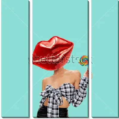 Модульная картина Яркий летний коллаж с полураздетой девушкой, разноцветным леденцом на палочке и огромными алыми губами вместо головы