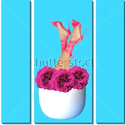 Модульная картина Коллаж с белой цветочной клумбой, из которой растут ноги в розовых туфлях на высоком каблуке