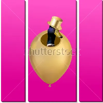 Модульная картина Забавный коллаж с уткой в золотом цилиндре, выглядывающей из золотого воздушного шара на розовом фоне