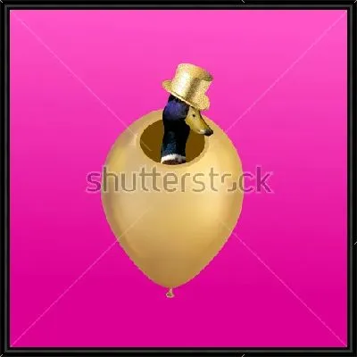 Забавный коллаж с уткой в золотом цилиндре, выглядывающей из золотого воздушного шара на розовом фоне
