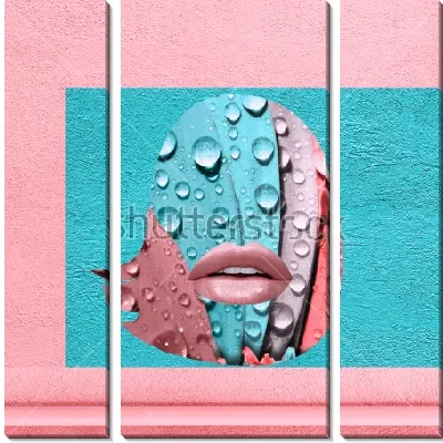 Модульная картина Коллаж с каплями росы на лепестках и губами в силуэте причёски на фоне бирюзового и розового прямоугольников
