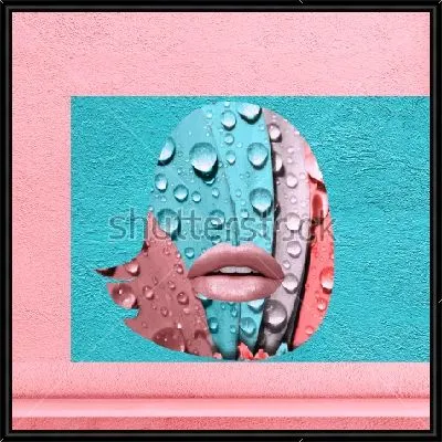 Картина Коллаж с каплями росы на лепестках и губами в силуэте причёски на фоне бирюзового и розового прямоугольников