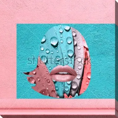 Постер Коллаж с каплями росы на лепестках и губами в силуэте причёски на фоне бирюзового и розового прямоугольников