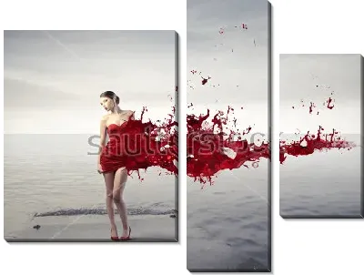 Модульная картина Яркая композиция с девушкой на пирсе в ярком красном платье из всплеска краски